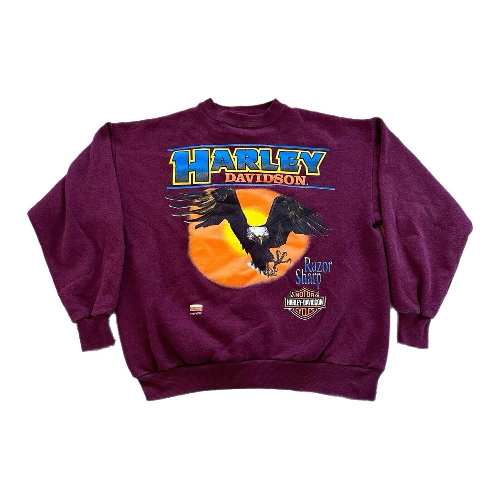 RARE Harley-Davidson Burgundy Sweatshirt with Eagle & Orange Sun Graphic